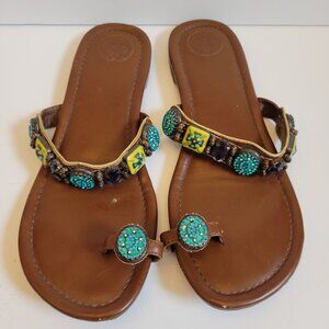 Vintage-Inspired Embellished Brown Sandals With Turquoise & Yellow Accents Size